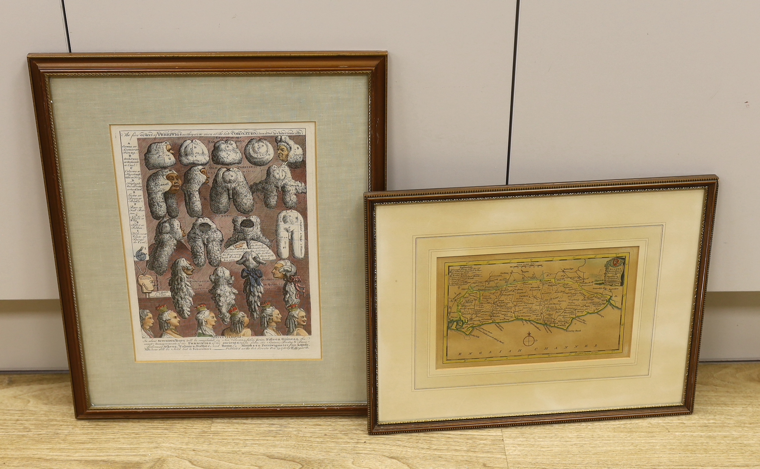 After Thomas Kitchin (1719-1784), hand coloured engraved map of Sussex and after William Hogarth (1697-1764), hand coloured engraving, ‘The Five Orders of Periwigs’, publ. 1761 by W Hogarth, largest 32 x 23cm